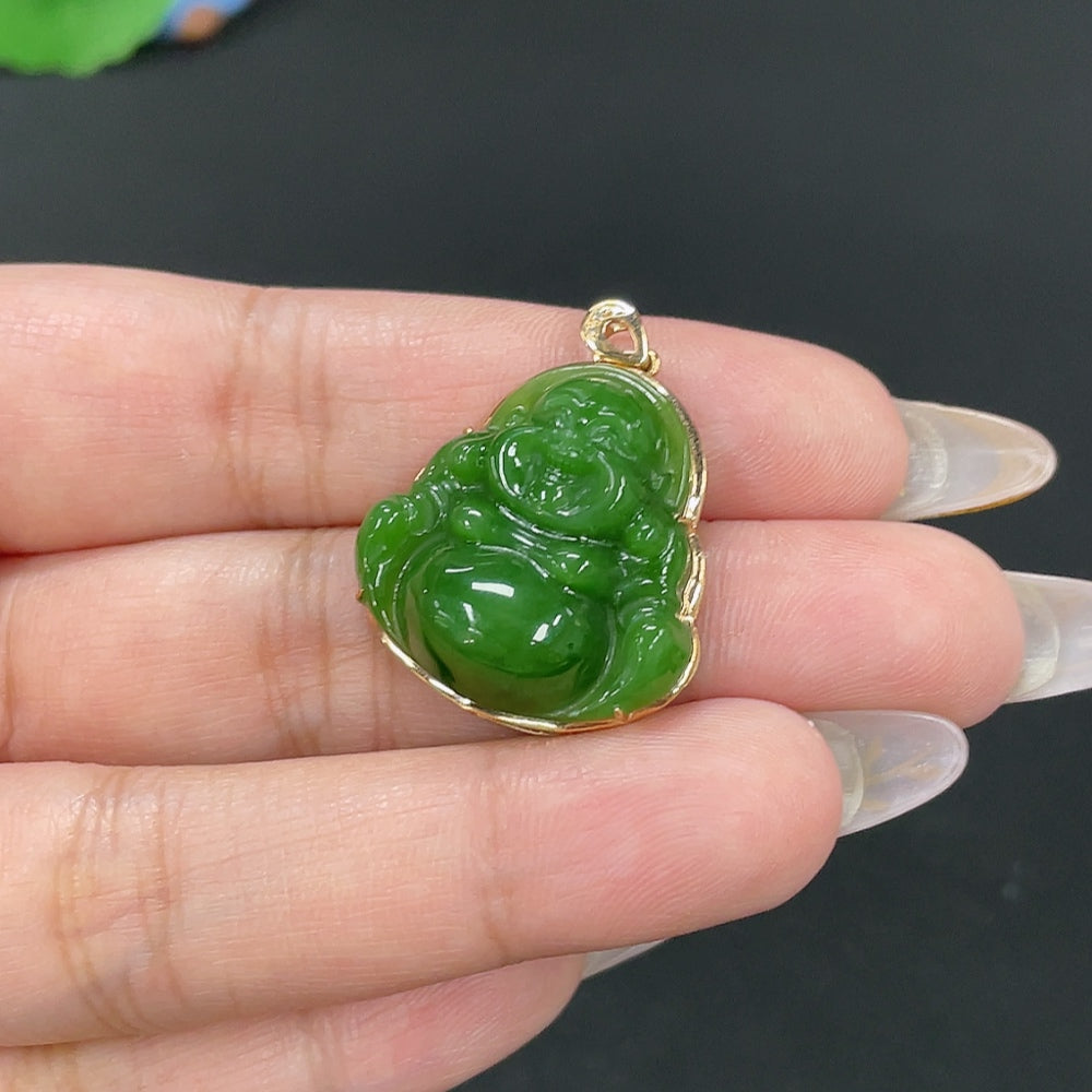 Hetian Jade Inlaid Pendant - Buddha, Total Weight Approx. 5.4g, 18K Gold with Diamond Accents