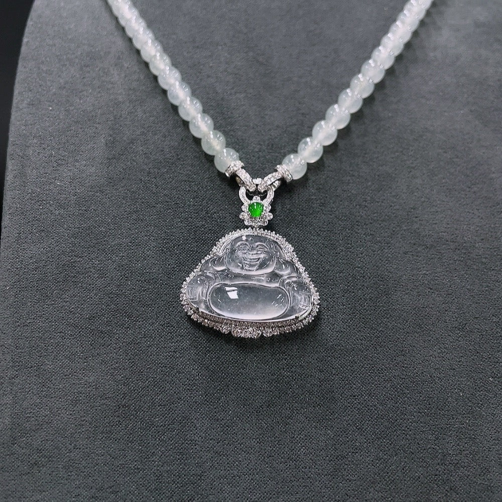 Jadeite Inlaid Buddha Pendant with 18K Gold and Diamond Accents