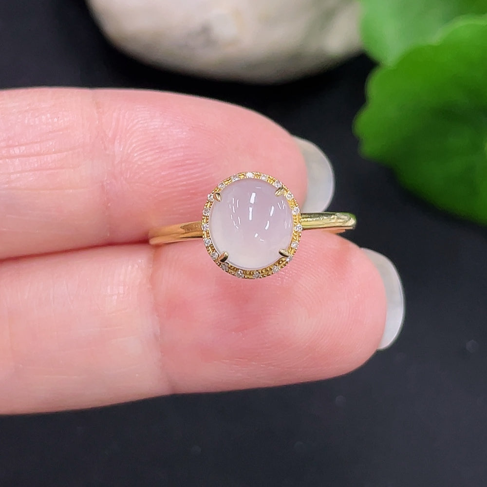 Jadeite Cabochon Ring with 18K Gold Size 14 Total Weight Approx. 1.2g (Accented with Diamonds)