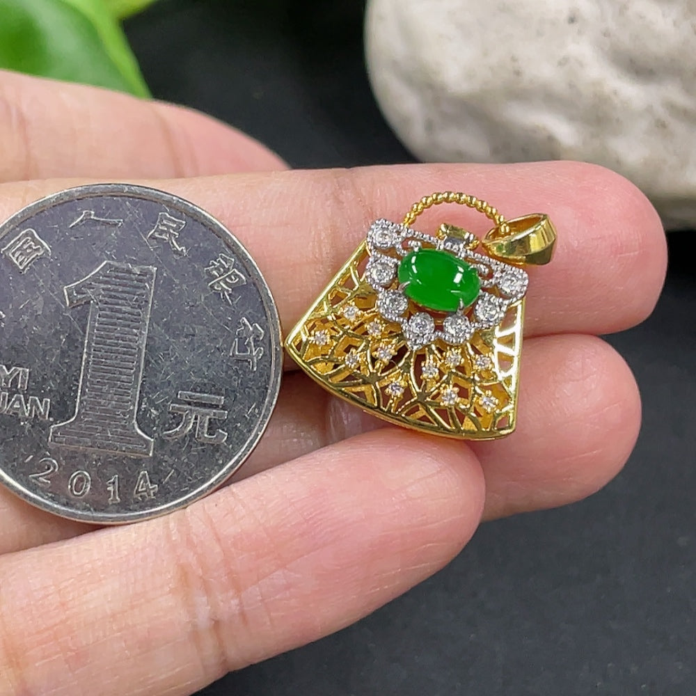 Jadeite Cabochon Pendant, 18K Gold Setting with Diamond Accents