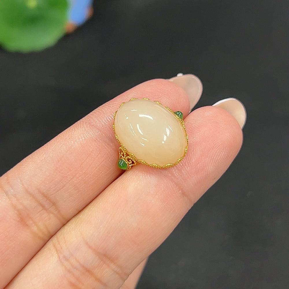 Hetian Jade Inlaid Ring Size 13 Total Weight Approx. 3.4g 18k