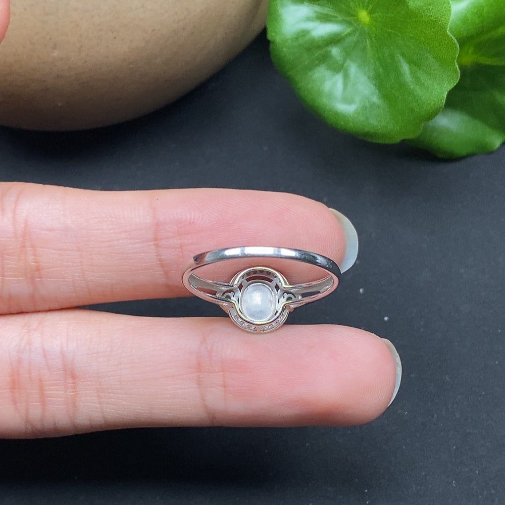 Jadeite inlaid ring with diamond accents, size 18, crafted by HKHQ, featuring intricate jade and diamond detailing on a gold band.