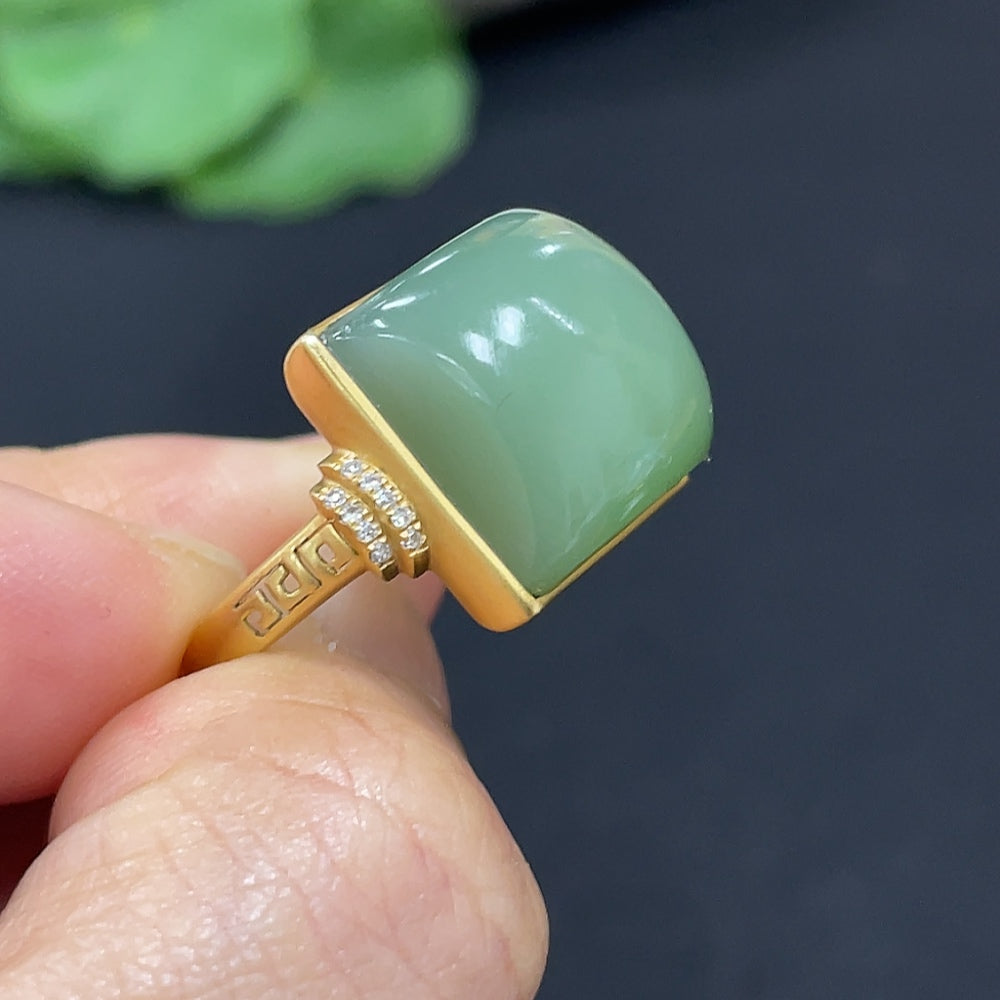 Hetian Jade Jasper Inlaid Ring, 18k Gold, Size 12, Total Weight Approx. 6.2g, Diamond Accents