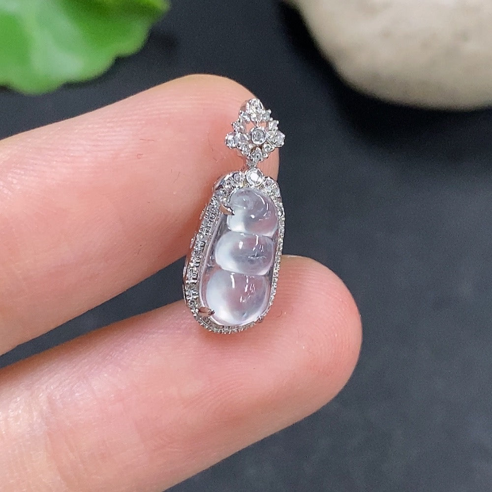 Jadeite auspicious bean pendant set in 18K gold with diamond accents, featuring a delicate jade jade pendant and gold chain.