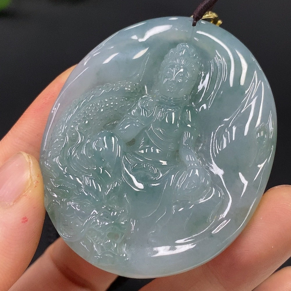 Jadeite Dragon-Guarding Guanyin Pendant (Non-Gold-Inlaid)