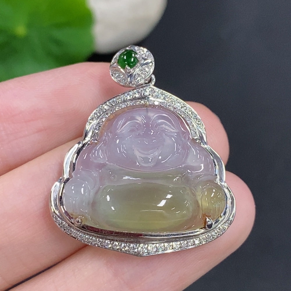 Jadeite Buddha Pendant with 18k Gold and Diamond Accents, Total Weight Approximately 5.2g
