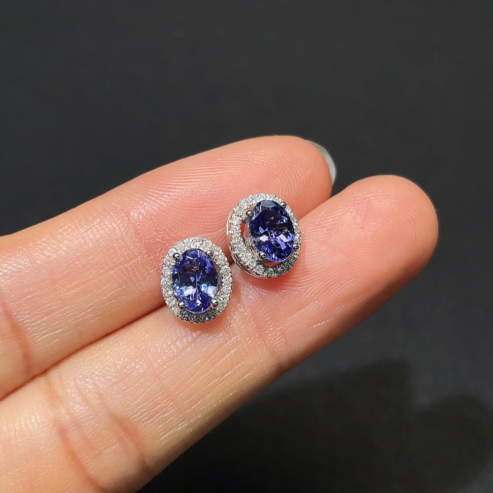 18K Gold Tanzanite Earrings with Diamond Accents, Total Weight Approx. 2.3g