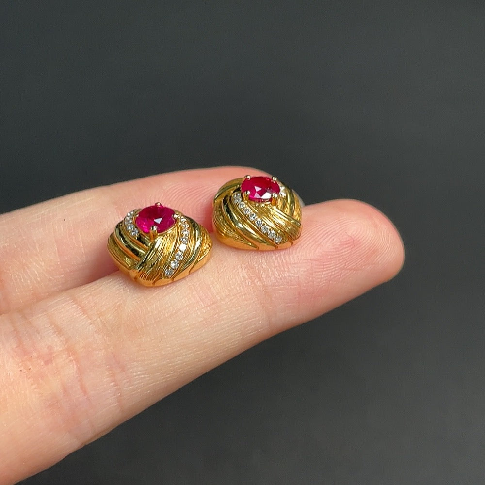 Ruby Stud Earrings, 18K Gold, Total Weight Approx. 4.30g, Filled, Accented with Diamonds