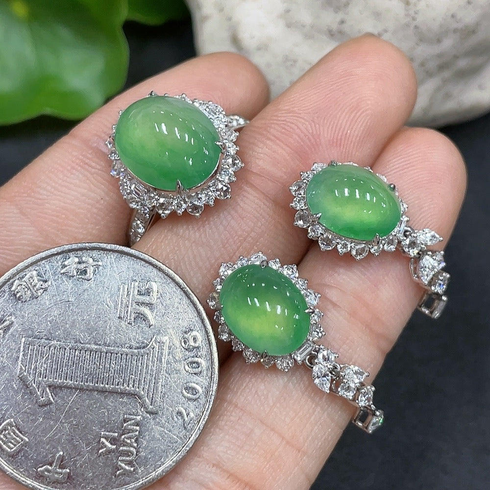 Jadeite Cabochon Earrings/Ring 18K Gold Setting Size 14 Total Weight Approx. 9.76g Wholesale Lot