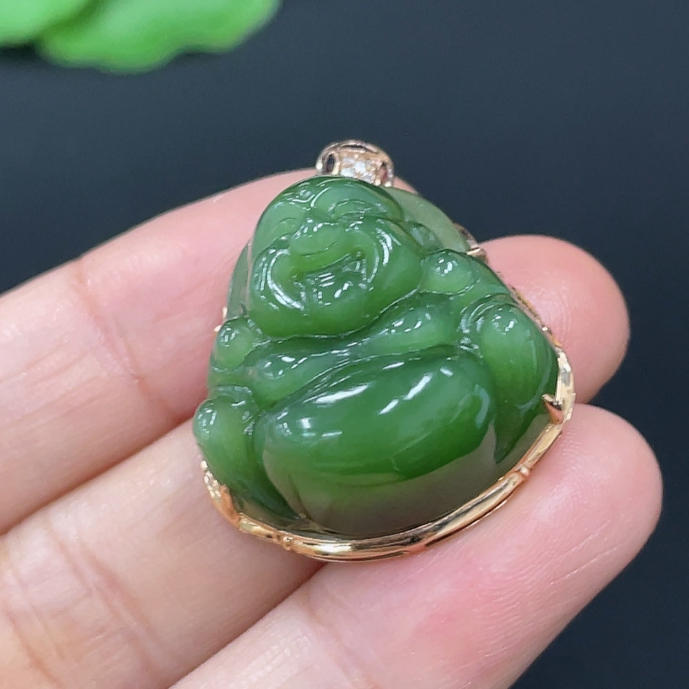 Hetian Jade Jasper Inlaid Buddha Pendant with 18K Gold Clasp, Main Body 70% Gold Content, Accented with Diamonds