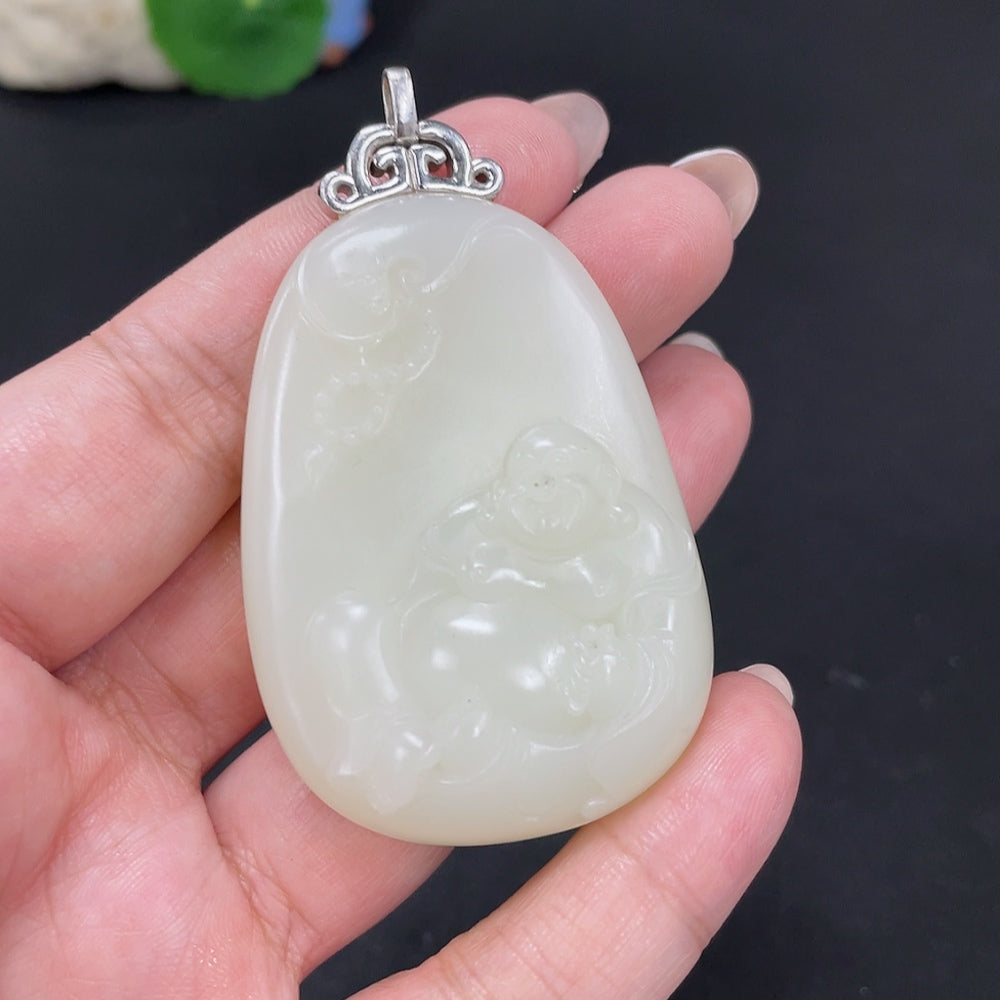 Hetian Jade Inlaid Pendant - Buddha, Total Weight Approx. 52.5g, Non-Gold