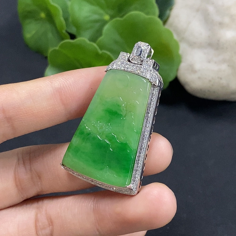 Jadeite Landscape Inlaid Pendant 18K Gold with Diamond Accents Total Weight Approx. 10.95g