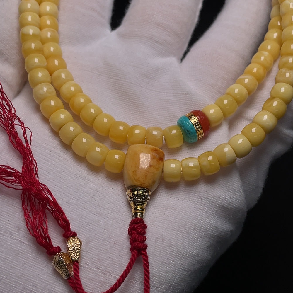 Amber Beeswax Bead Necklace with Non-Natural Accent Stones, Non-Gold, Size About 6.2mm