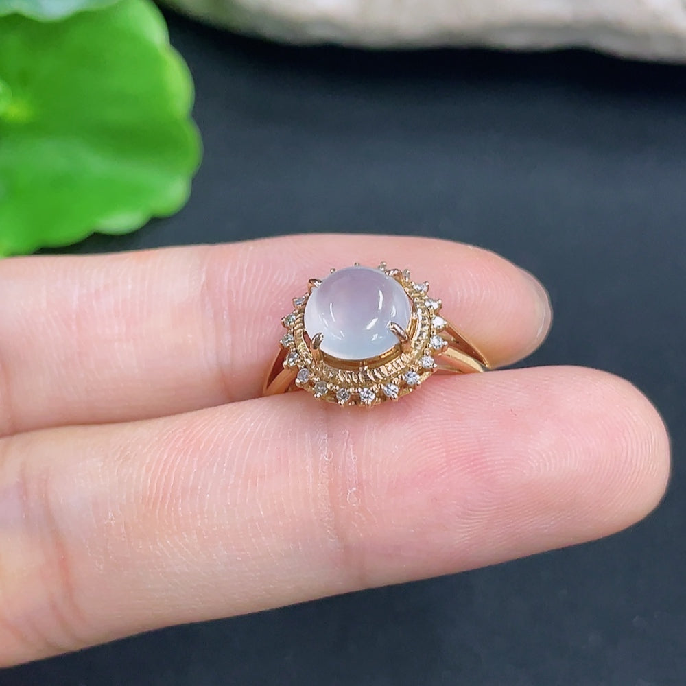 Jadeite cabochon ring with 18k gold and diamond accents, size 14, featuring a polished green jade stone and intricate gold setting.