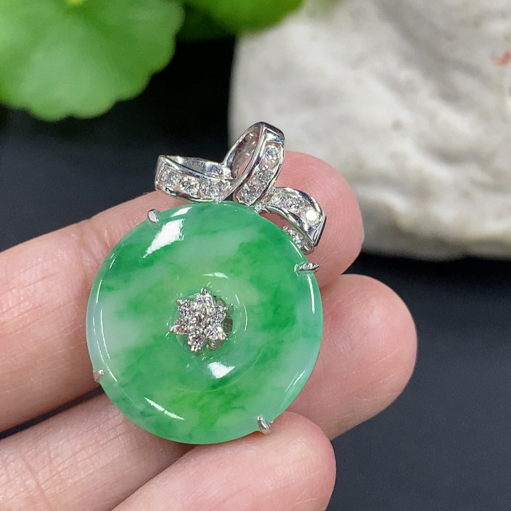 Jadeite Peace Knot pendant with diamond accents in 18k gold setting, elegant necklace designed by HKHQ.