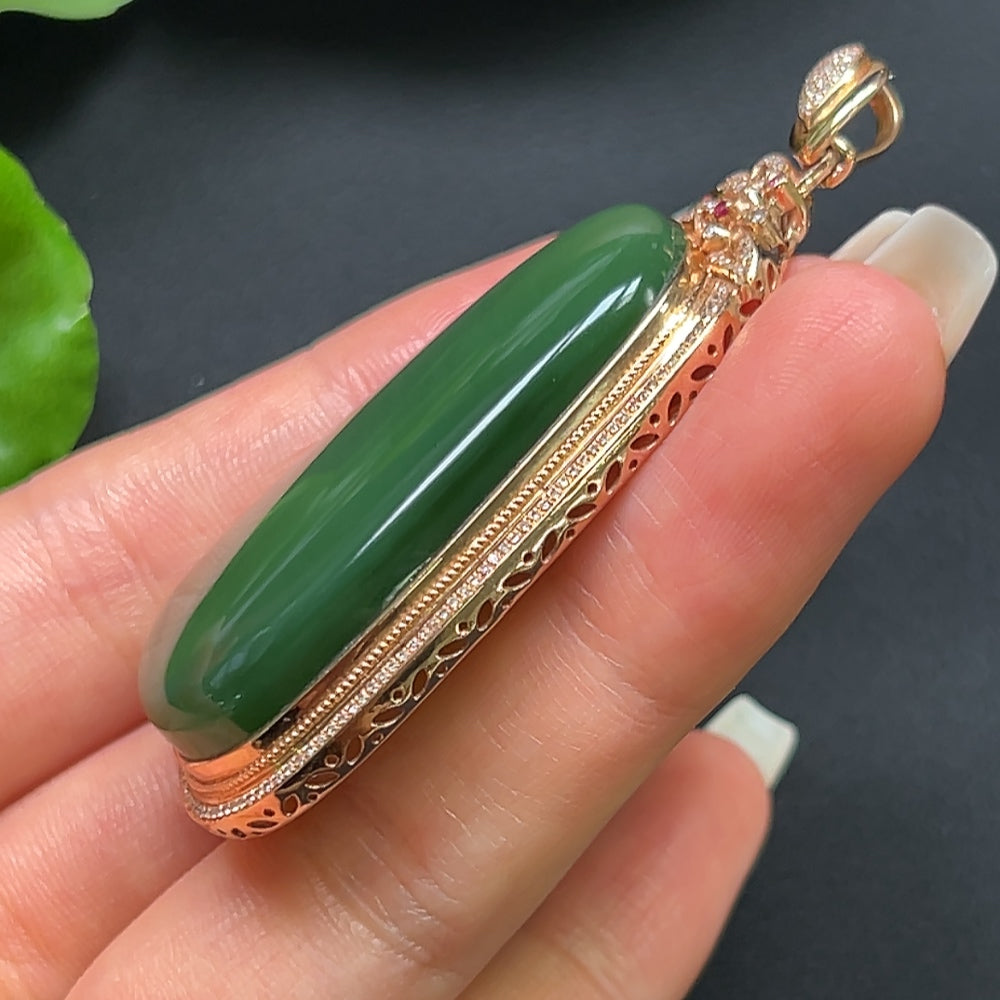 Hetian Jade pendant with 18K gold and diamond inlay, featuring a sleek, plain design in a necklace by HKHQ.