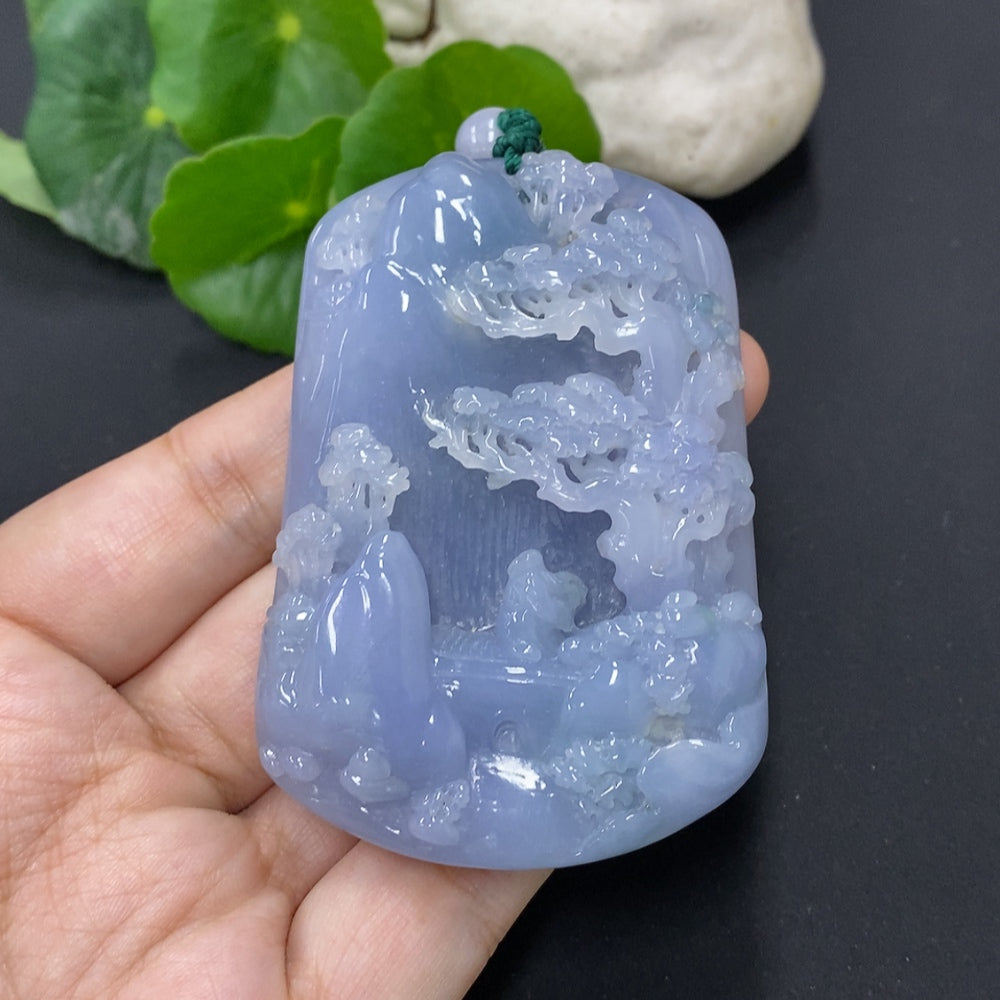 Jadeite landscape pendant with chain, crafted from green jade, weighing approximately 142.7 grams, by HKHQ.
