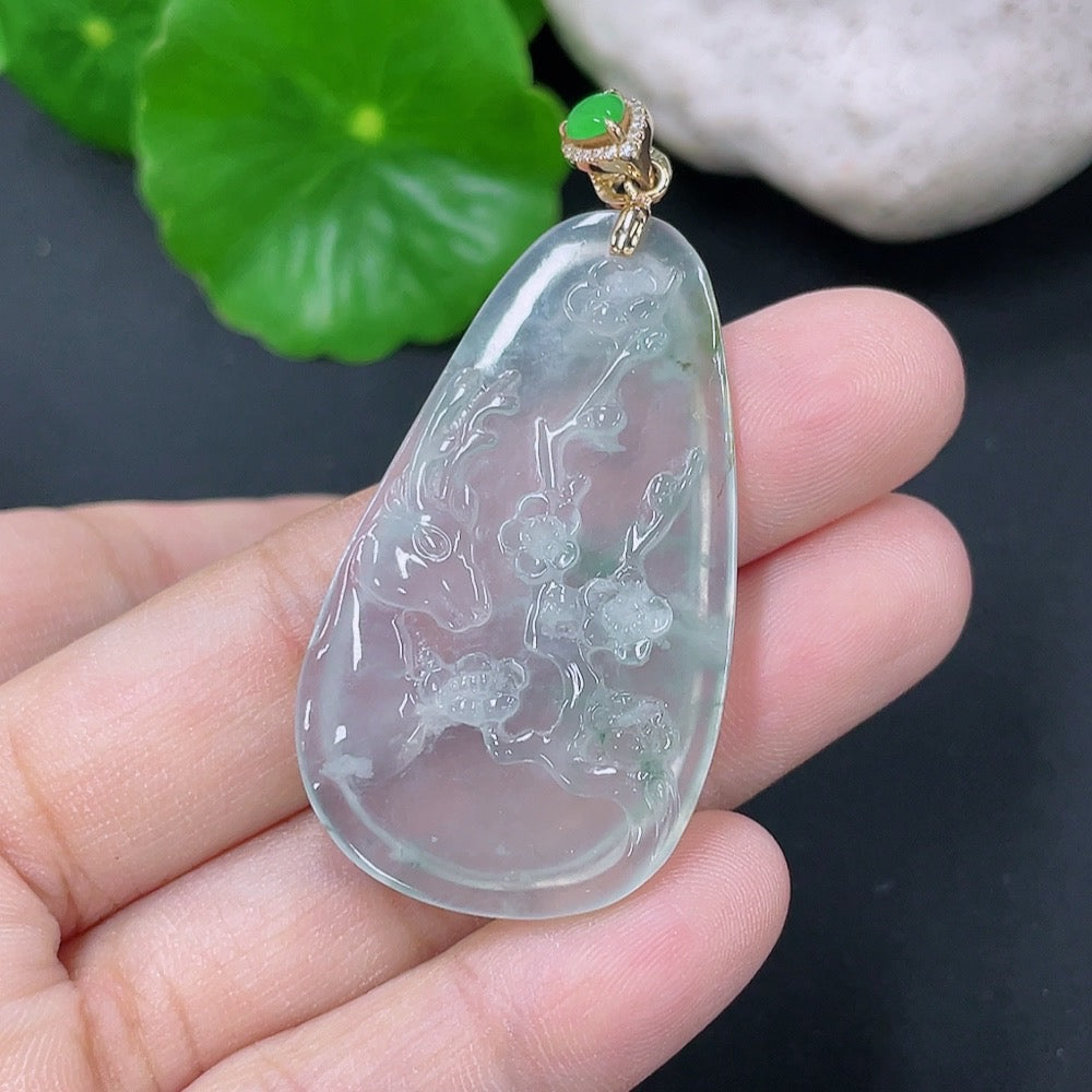 Jadeite pendant featuring a plum blossom deer design with 18k gold and diamond inlay, weight approx. 8.88g, by HKHQ.