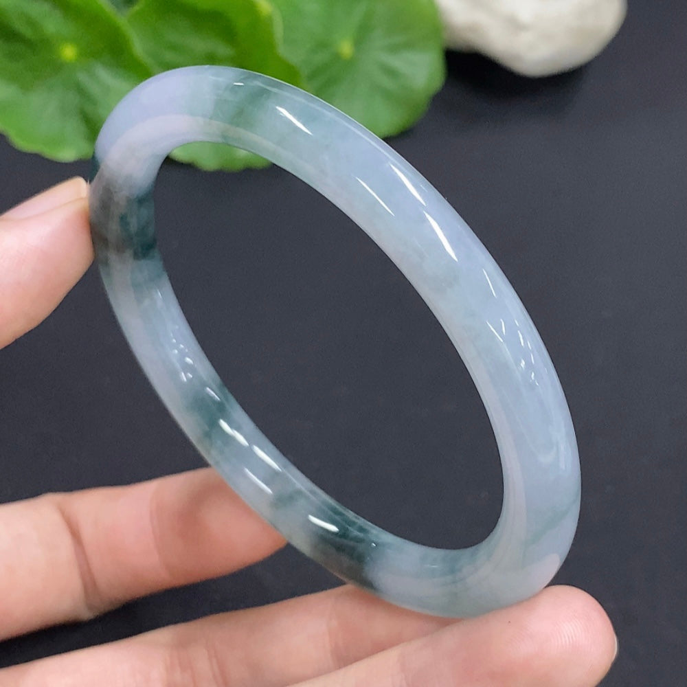 HKHQ jadeite round bangle, 32.5g, size 57, smooth green jade jewelry with polished finish