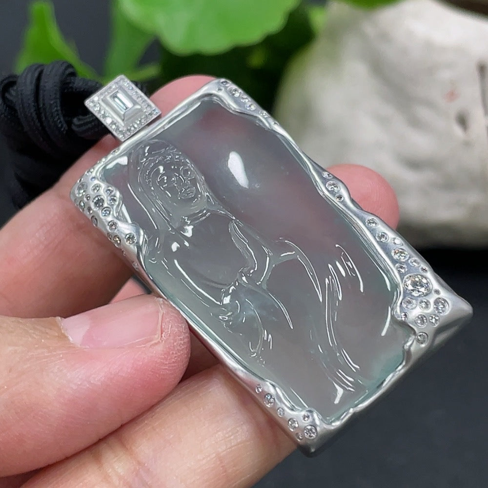 Jadeite Guanyin Pendant with 18K Gold and Diamond Setting, Total Weight Including Rope Approximately 21g, Overall Card Dimensions