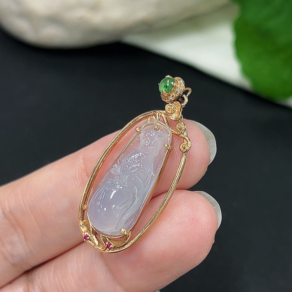 Jadeite pendant with 18K gold setting accented with diamonds, featured on a necklace, weighing approximately 2.9g.