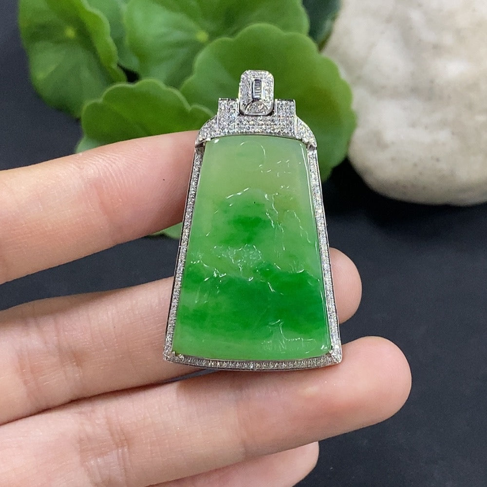 Jadeite Landscape Inlaid Pendant 18K Gold with Diamond Accents Total Weight Approx. 10.95g
