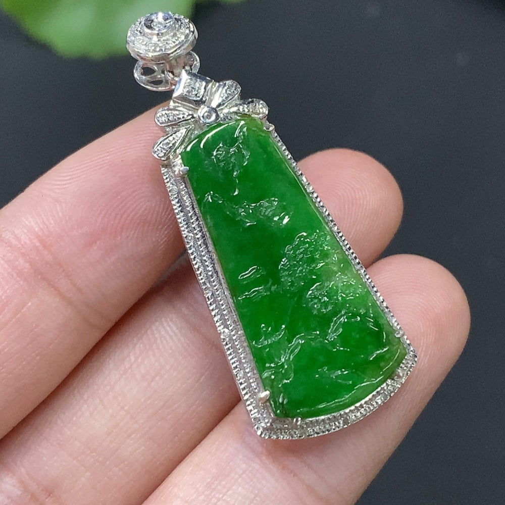 Jadeite Landscape Inlay with 18k Gold, Total Weight Approx. 4.57g