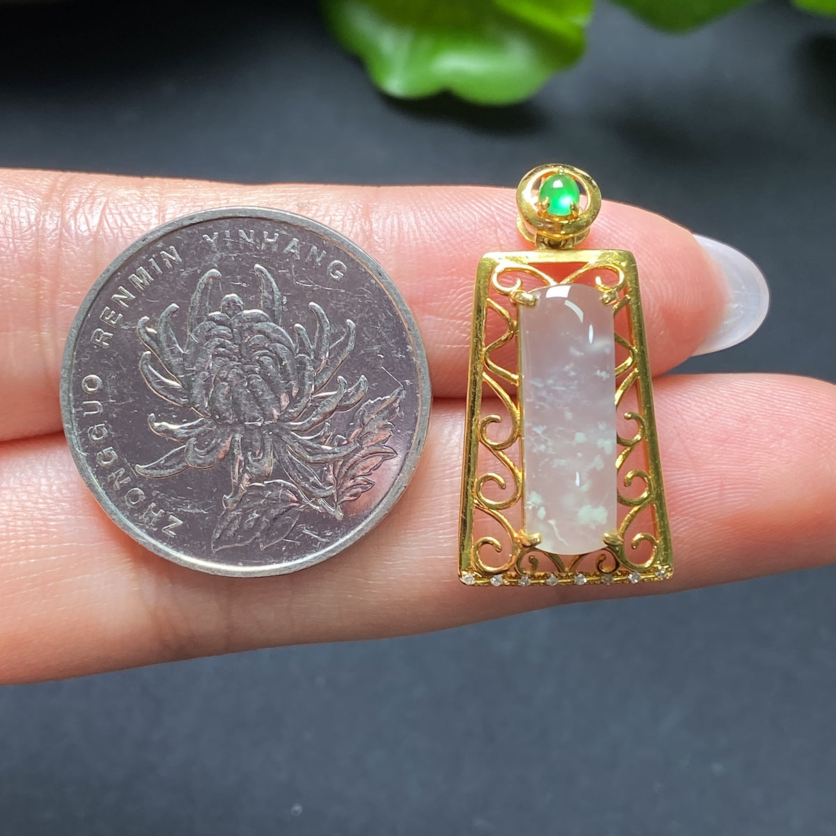Jadeite inlaid pendant with diamond accents, 18k