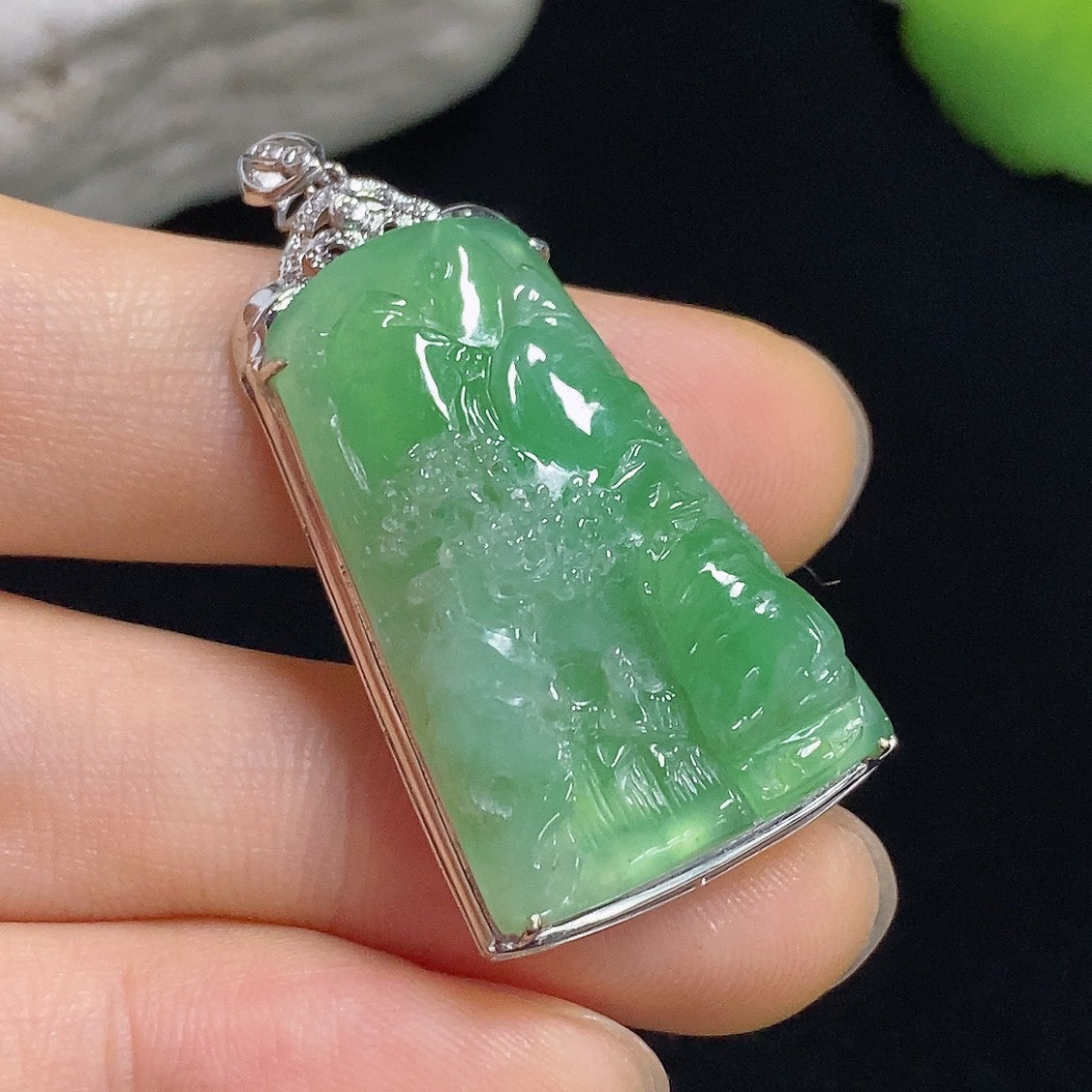 Jadeite Landscape Inlaid Pendant 18K with Diamond Accents