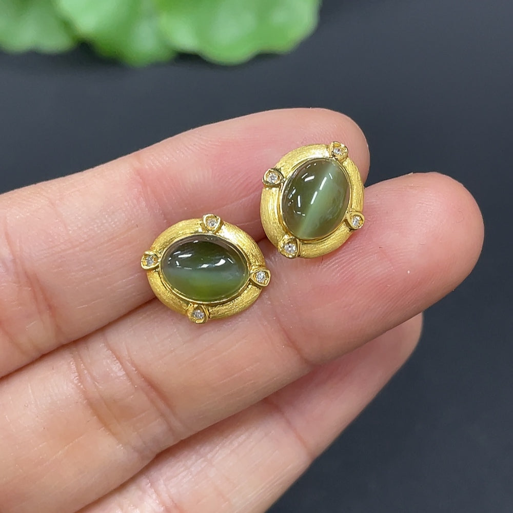 Hetian Jade Jasper Inlaid Earrings, 18k Gold, Total Weight Approx. 1.4g, Non-Diamond