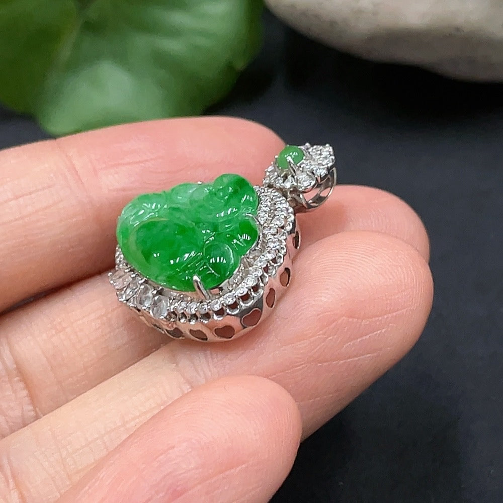 JadeiteBuddha Pendant, 18K Gold Inlaid, Total Weight Approx. 4.37g
