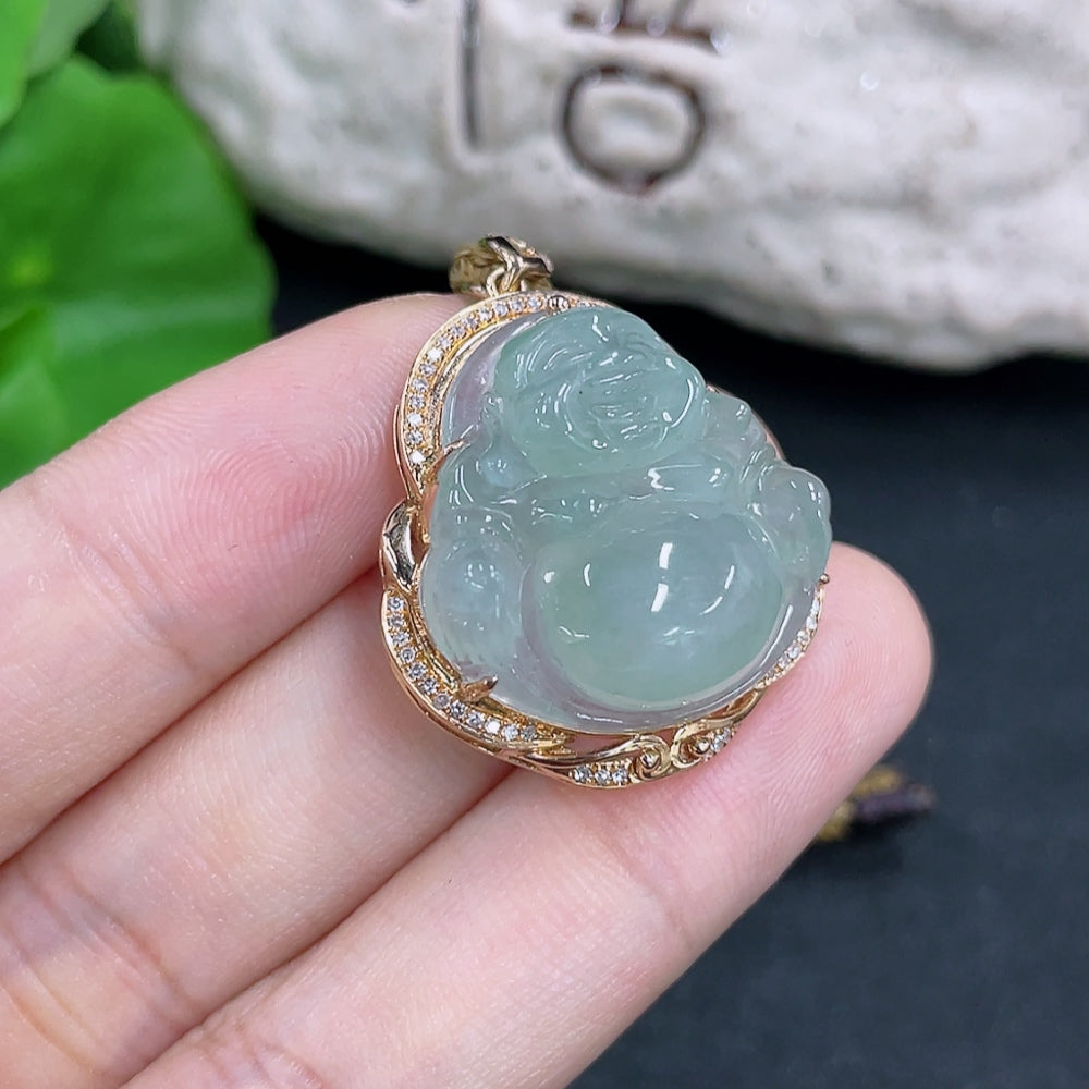 Jadeite Pendant Buddha with 18K Gold and Diamond Accents, Including Rope
