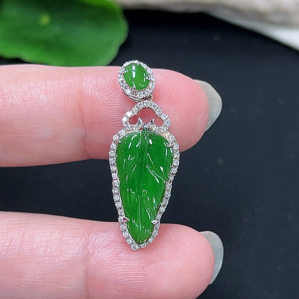 Jadeite leaf pendant with diamond accents, 18K gold, crafted by HKHQ, weighs approximately 3g, featuring a detailed natural jade design.