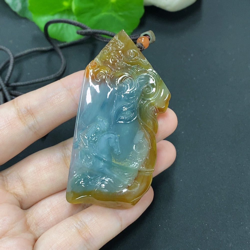 HKHQ Jadeite Success Achieved Pendant necklace featuring a polished jadeite pendant with intricate carved details.