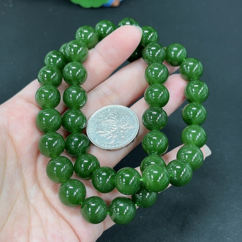 Green Hetian Jade Bead Necklace Non-Gold