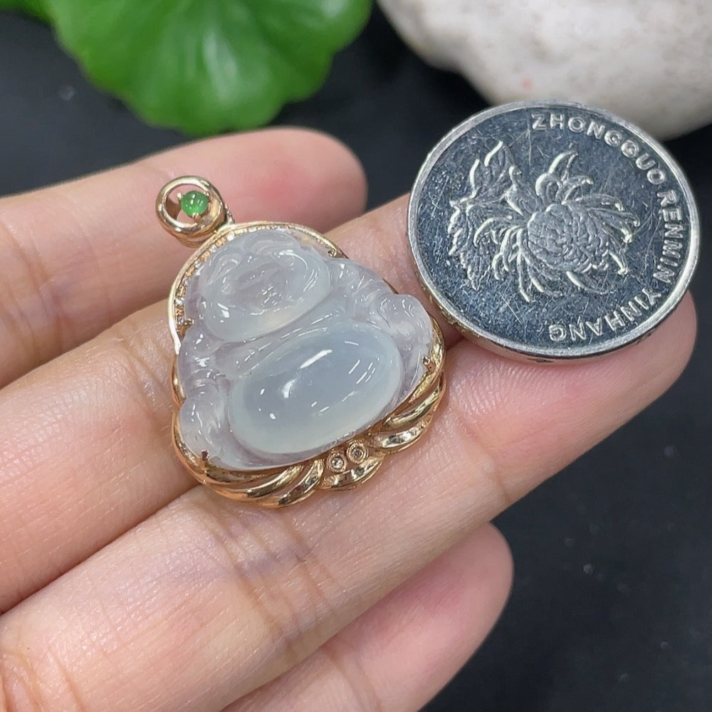 Jadeite Inlaid Buddha Pendant with 18k Gold and Diamond Accents, Total Weight Approximately 374g