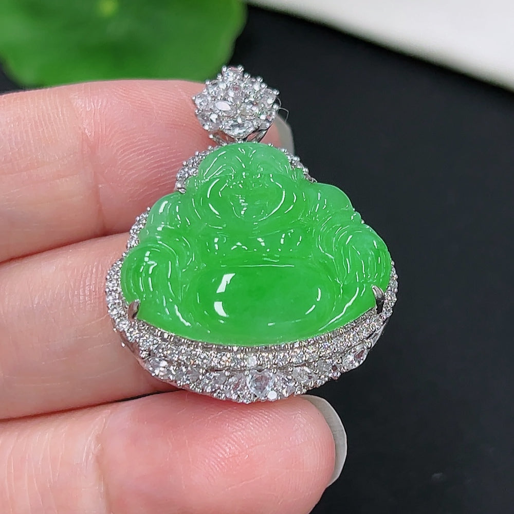 Jadeite Buddha Pendant 18K Gold (with minimal diamond accents)