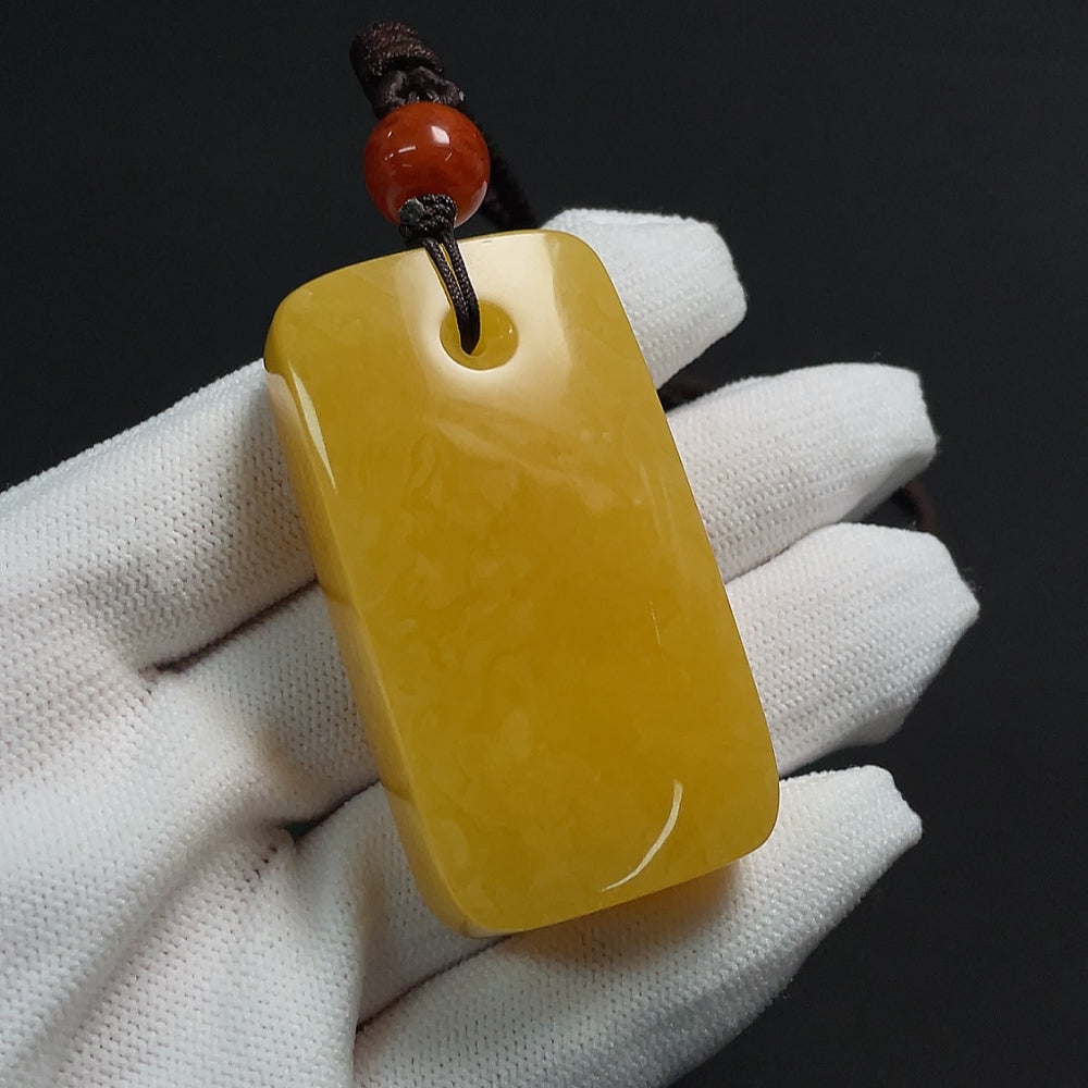 Amber beeswax pendant with southern red agate, visible organic matter, including rope