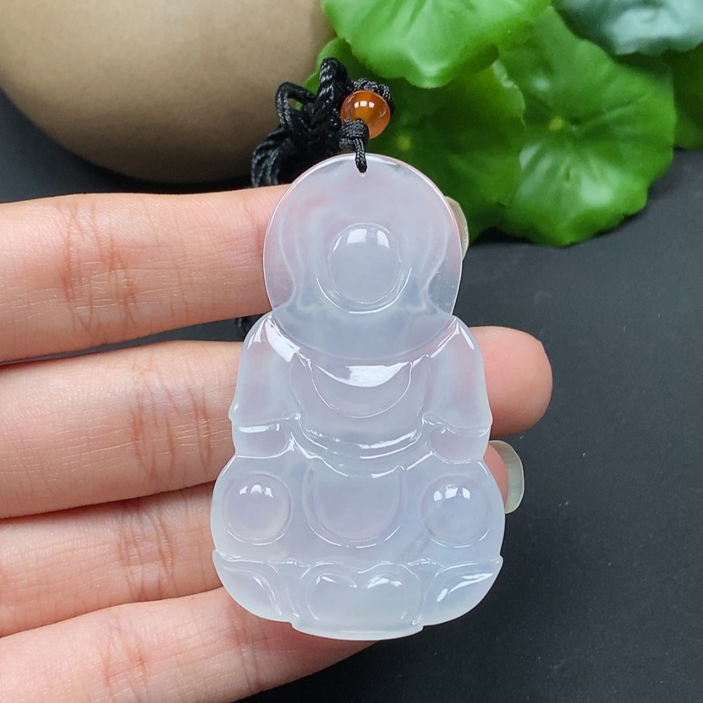 Jadeite Guanyin pendant necklace from HKHQ, approximately 20.56g, featuring a detailed carved figure on a string necklace.