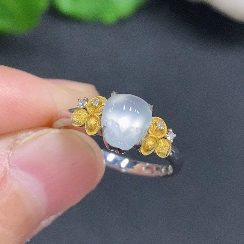 Jadeite Ring with 18K Gold Size 13 Total Weight Approx. 1.9g (Accented with Diamonds)