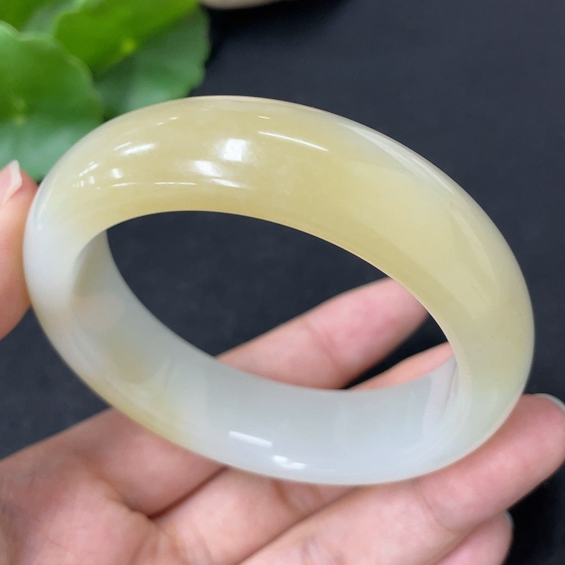 HKHQ Hetian Jade round bracelet, size 54.1 with approximately 70.3g weight, showcasing smooth, polished jade beads.