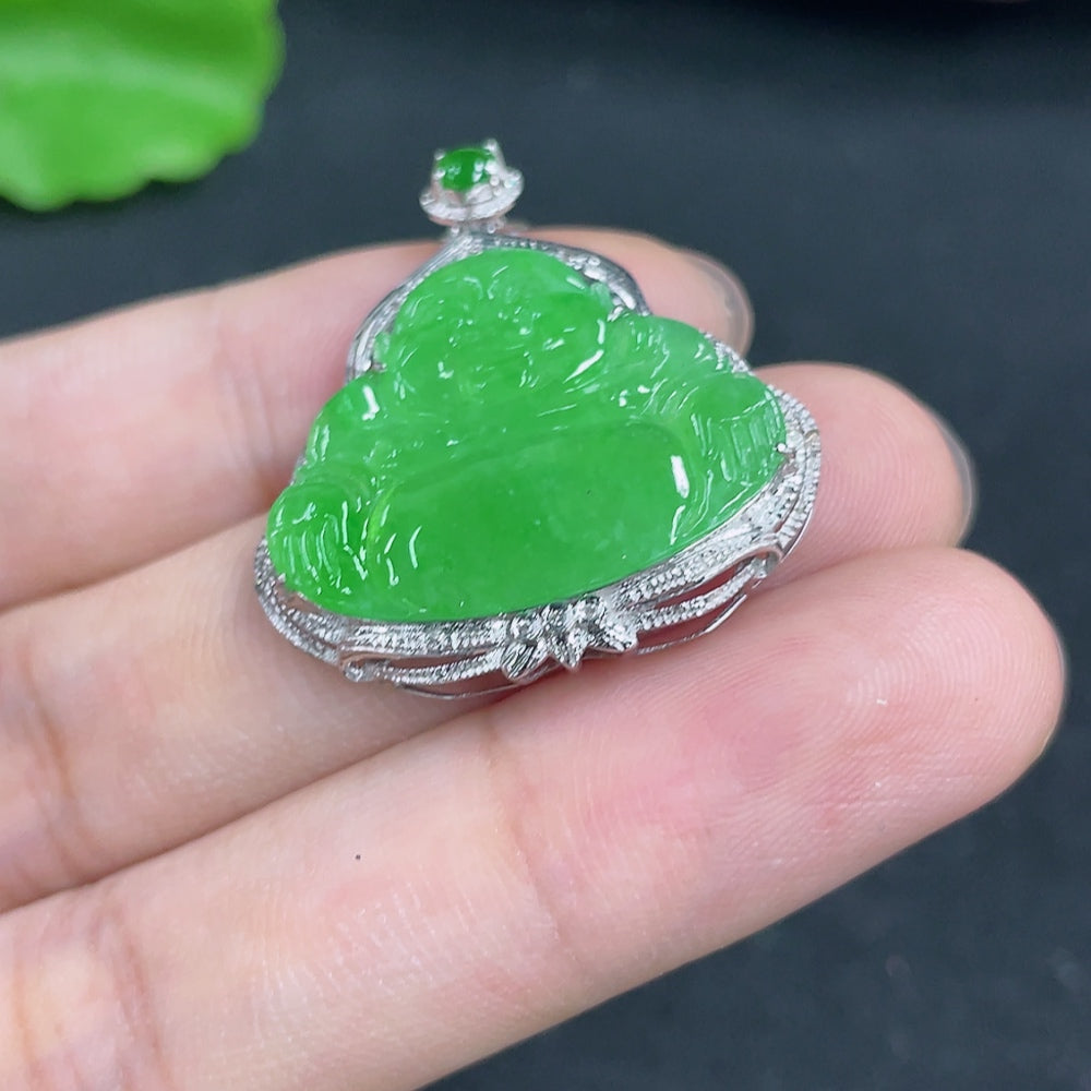 Jadeite Buddha Pendant with 18K Gold and Diamond Accents