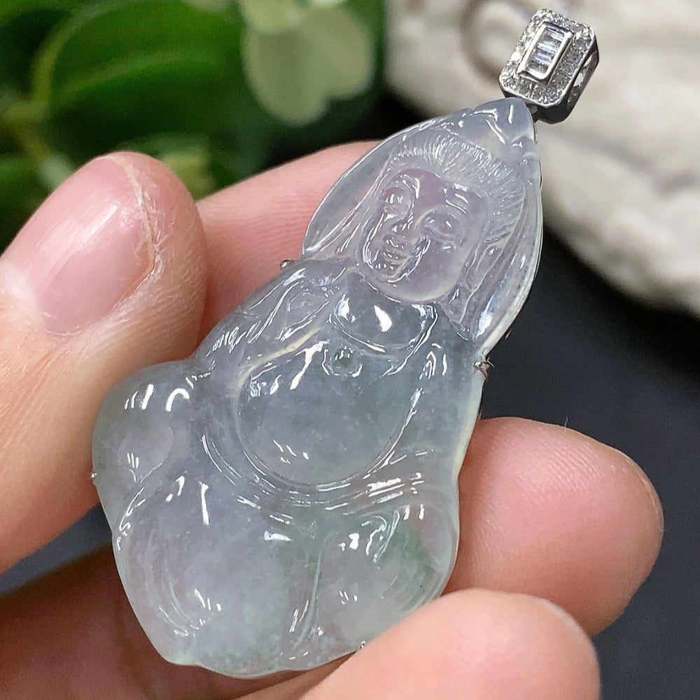Baby Guanyin Jadeite Pendant with 18K Gold Inlay, Approx. 6.4g