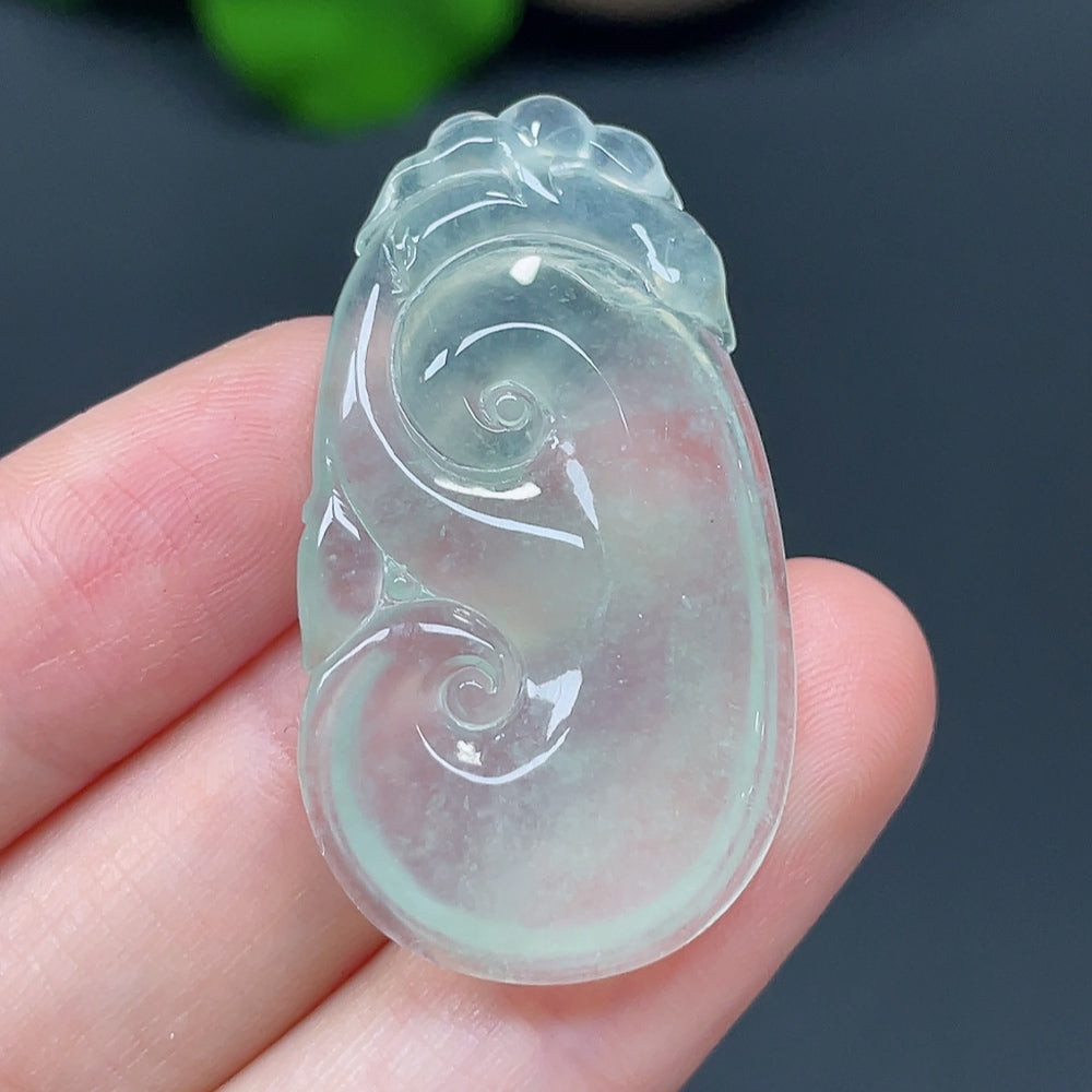 Jadeite Ruyi pendant with intricate carved design, weighing approximately 7.36g, crafted from green jade by HKHQ.