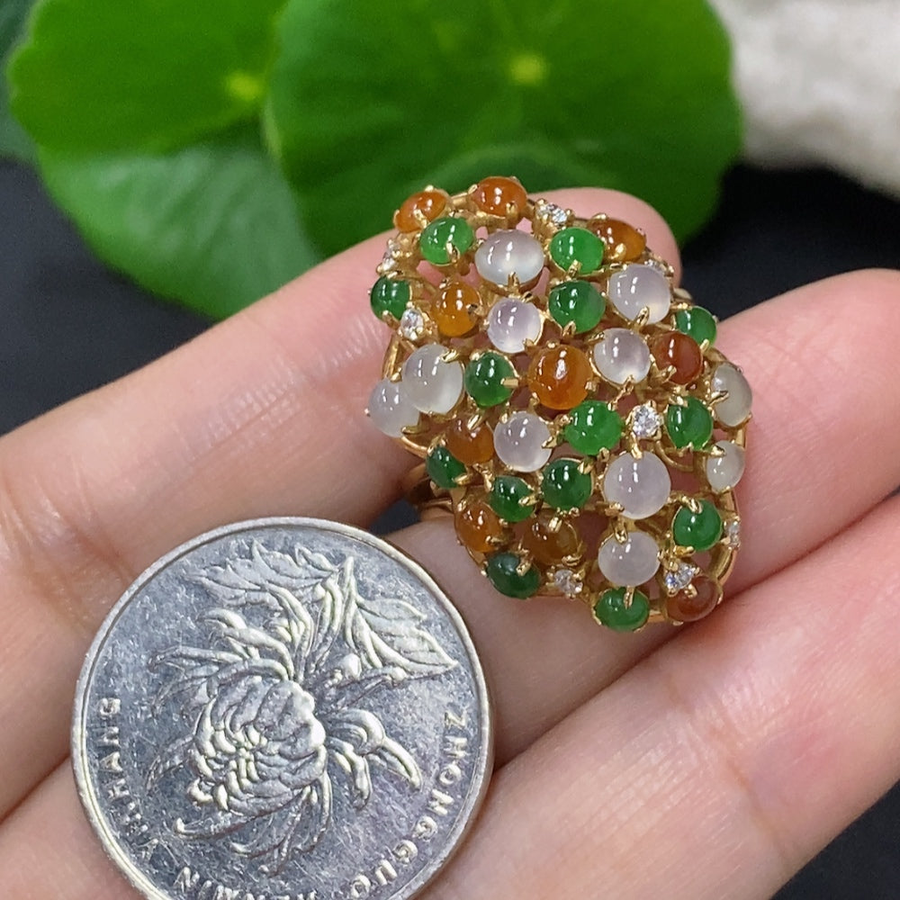 HKHQ jadeite cabochon ring with diamond inlays, 18K gold band, size 17, featuring a smooth green gemstone and intricate gold details.