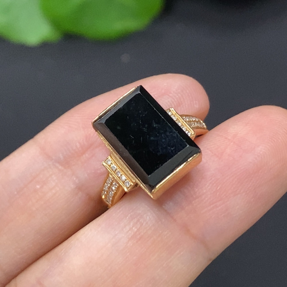 Jadeite ring with diamond accents, 18K gold band, size 14, by HKHQ, featuring smooth green jadeite and delicate gold detailing