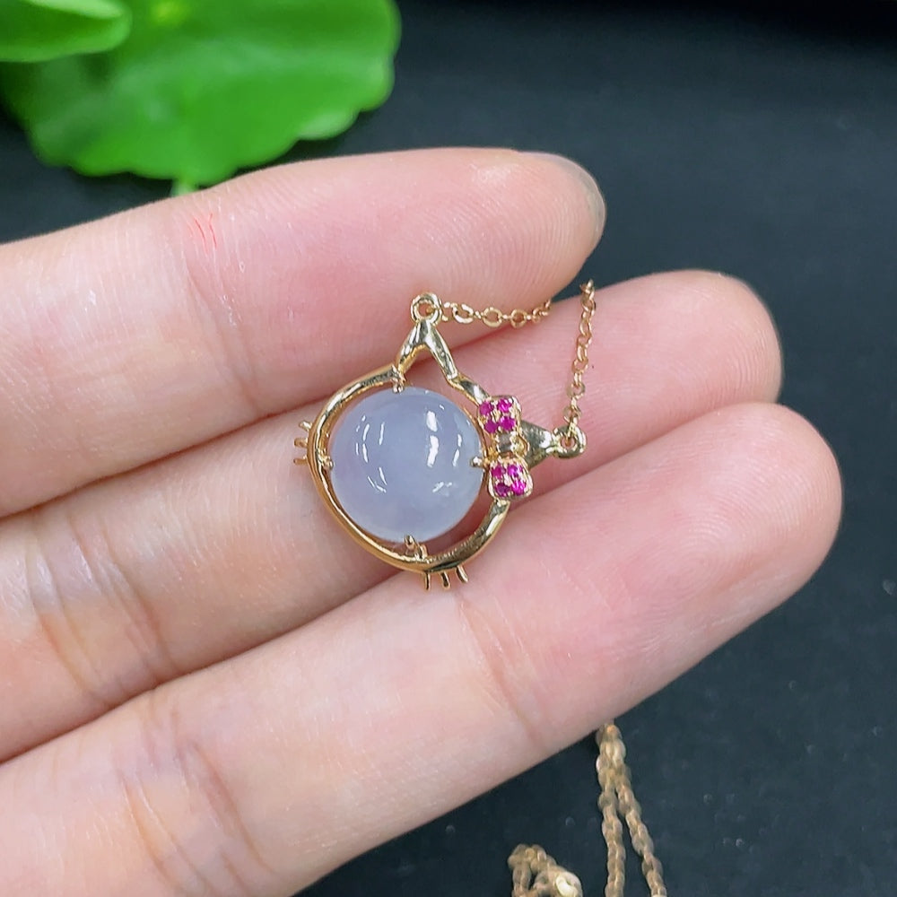 Jadeite Cabochon Pendant with 18k Gold, Total Weight Approx. 2.6g (including chain)
