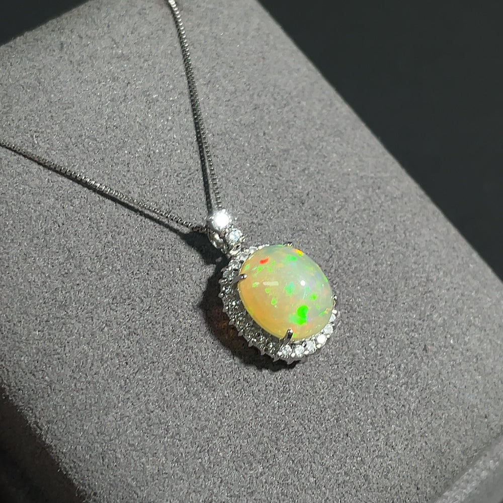 Opal Necklace with Diamond Accents, Pendant Pt87%, Chain Pt84%