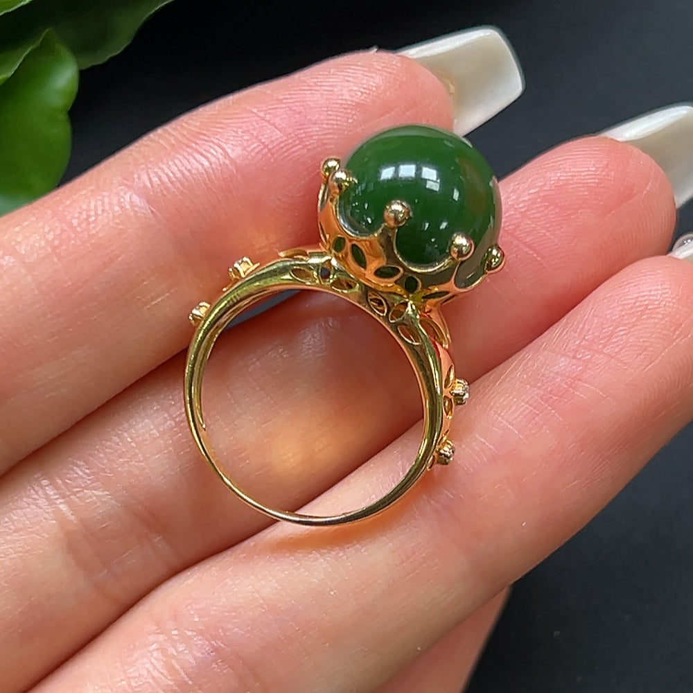 Hetian Jade Round Bead Ring with 18K Gold and Diamond Accents