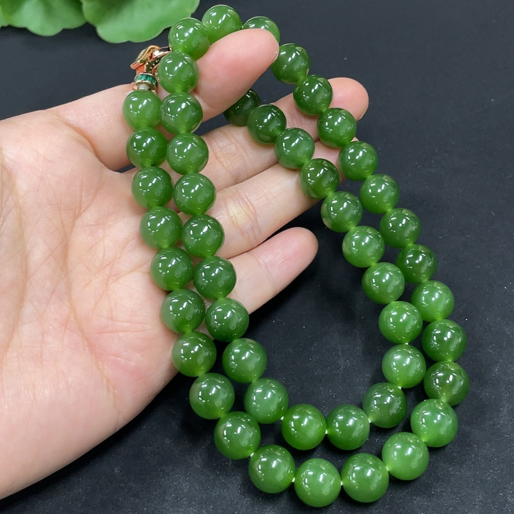 Green Hetian Jade Bead Necklace, Non-Gold